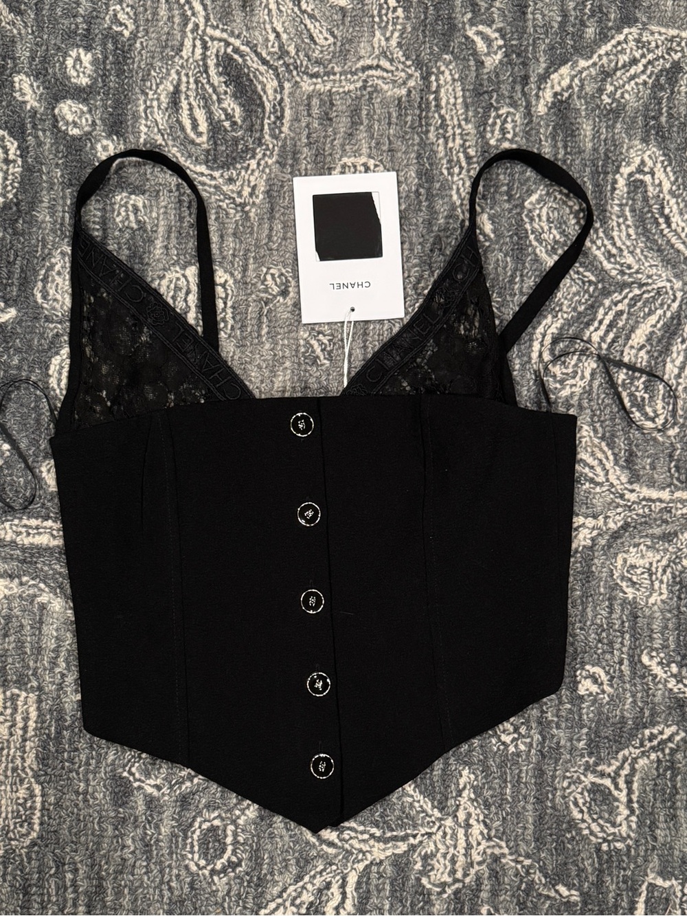 CHANEL Black Lace-Trim Button Front Corset Tank NWT